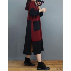 Bi-Colored Loose Cotton Dress Side Slits Hooded Dress