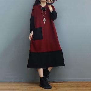 Bi-Colored Loose Cotton Dress Side Slits Hooded Dress