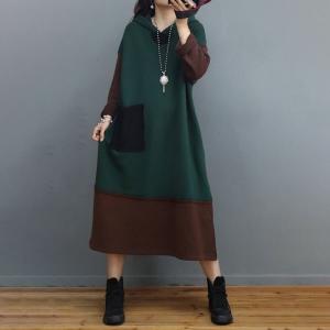 Bi-Colored Loose Cotton Dress Side Slits Hooded Dress