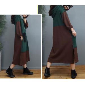 Bi-Colored Loose Cotton Dress Side Slits Hooded Dress