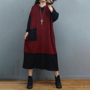 Bi-Colored Loose Cotton Dress Side Slits Hooded Dress