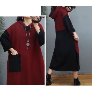 Bi-Colored Loose Cotton Dress Side Slits Hooded Dress