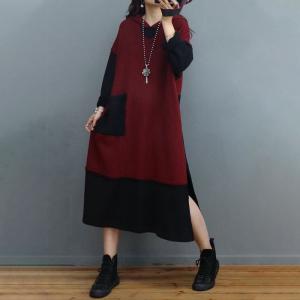 Bi-Colored Loose Cotton Dress Side Slits Hooded Dress