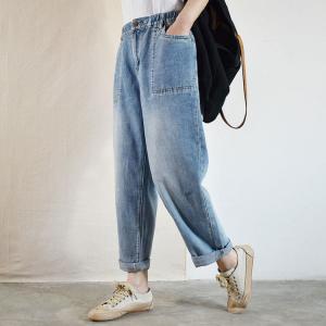 Elastic Waist Light Wash Jeans Baggy Straight Leg Jeans