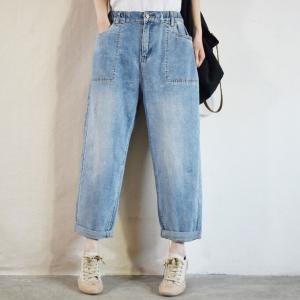 Elastic Waist Light Wash Jeans Baggy Straight Leg Jeans