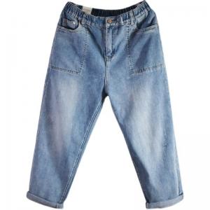 Elastic Waist Light Wash Jeans Baggy Straight Leg Jeans