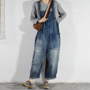 Big Pockets Plaid Overalls Plus Size Blue Jeans Dungarees