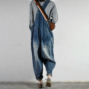 Big Pockets Plaid Overalls Plus Size Blue Jeans Dungarees