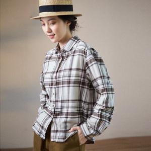Casual Style Gingham Shirt Womens Cotton Blouse