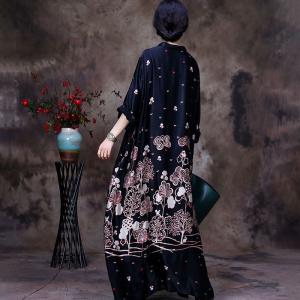 Abstract Flowers Silky Black Dress Loose Maxi Dress for Senior Women