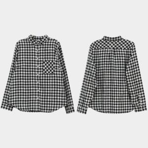 Chest Pocket Plaid Shirt Cotton Black Checker Blouse for Women