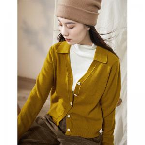Button Down Polo Neck Sweater Soft Wool Cardigan for Women