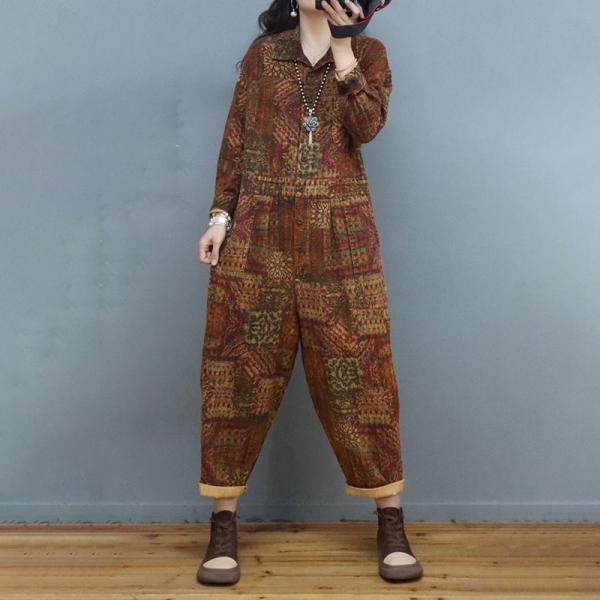 Polo Neck Printed Folk Jumpsuits Cotton Linen Loose Coveralls