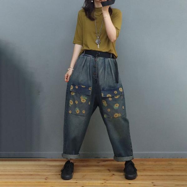 Printed Flap Pockets Dad Jeans Womens Baggy Stone Wash Jeans