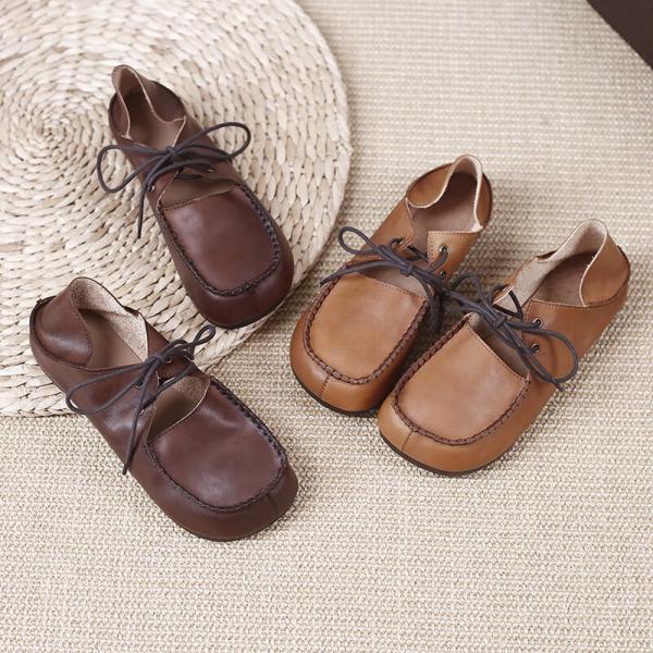 Hollow Out Cowhide Slip-On Tied Comfy Granny Shoes