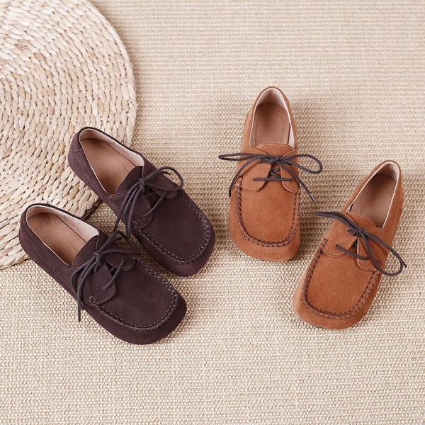 Cozy Leather Gommino Loafers Lace Up Womens Flats