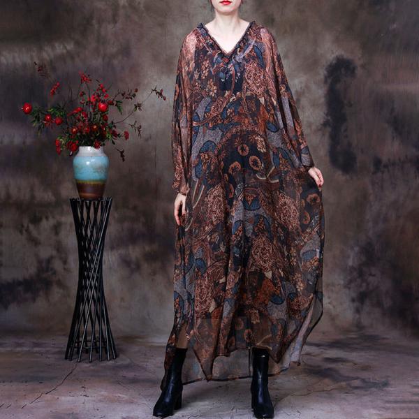 V-Neck Printed Moroccan Dress Plus Size Silk Maxi Dress with Camisole