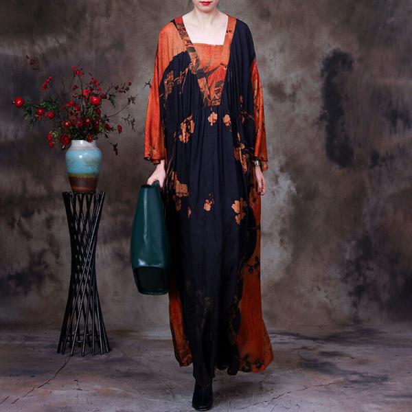 Flare Sleeves Loose Chinese Dress Contrast Colors Shift Dress