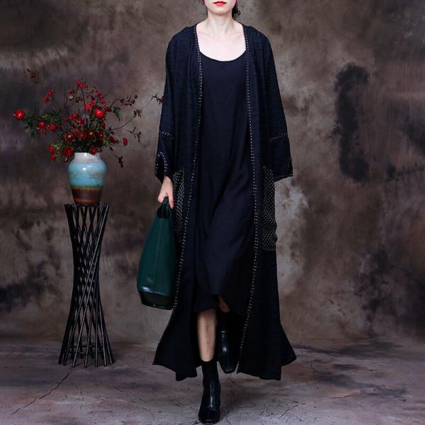 White Dotted Pockets Black Cardigan Loose Silk Overcoat