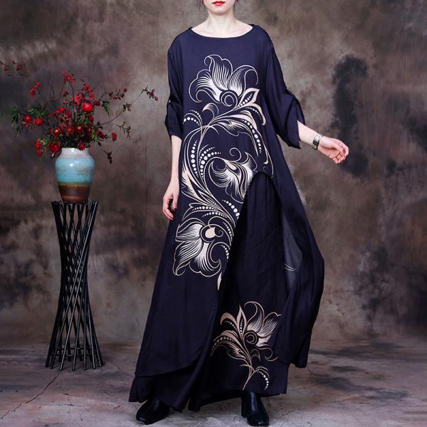 Huge Flowers Thigh Slits Tunic with Silky Black Palazzo Pants