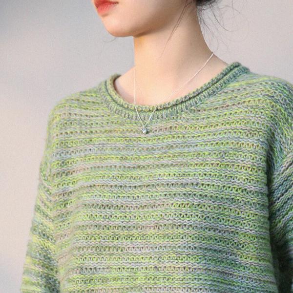 Crew Neck Green Sweater Knitting Wool Pullover for Women