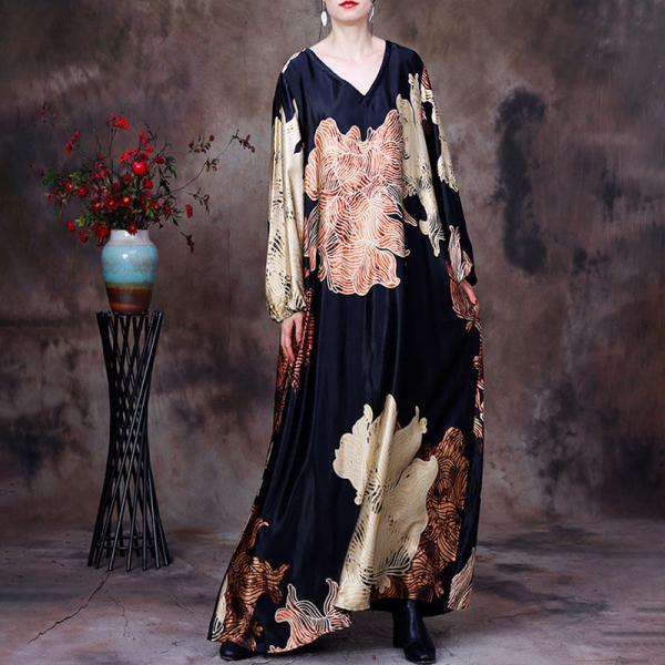 V-Neck Printed Maxi Dress Loose Silk Modest Elegant Dress