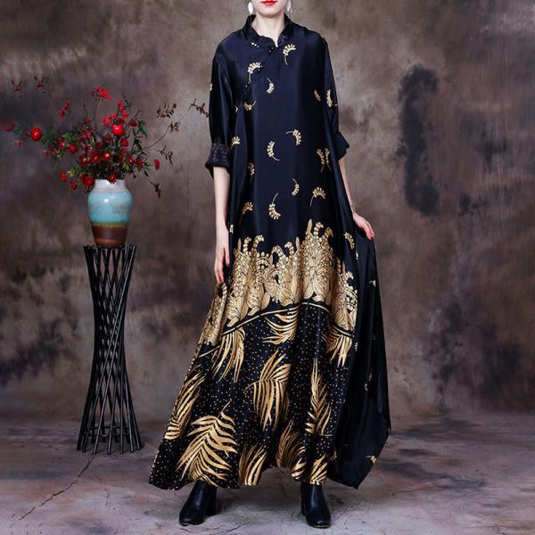 Golden Printed Black Loose Cheongsam Loose Chinese Dress