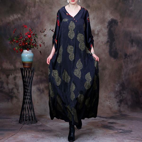 Golden Leaf Pattern Black Dress V-Neck Church Dress