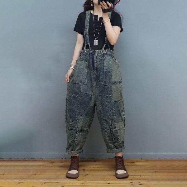 Street Fashion Plaid Suspender Pants Patchwork Denim Overalls