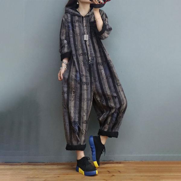 Letter Prints Black Hooded Jumpsuits Chunky Striped Jean Coveralls