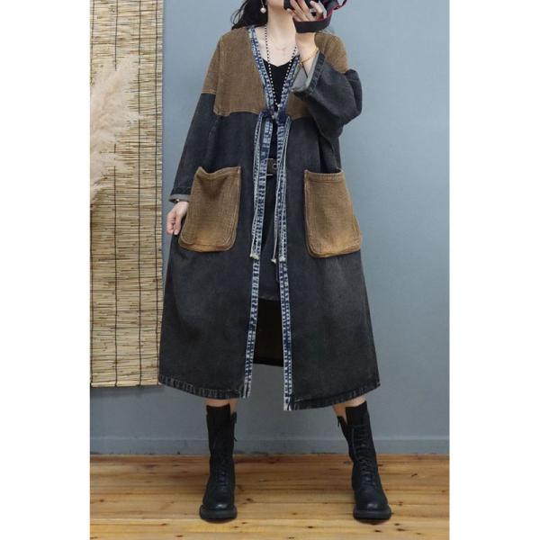 V-Neck Big Pockets Denim Cardigan Plus Size Belted Coat