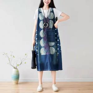 V-Neck Big Dotted Sleeveless Dress Ripped Denim A-Line Dress