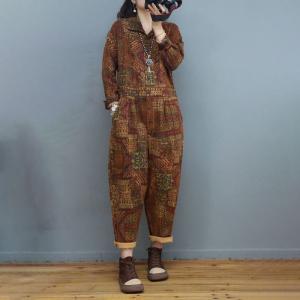 Polo Neck Printed Folk Jumpsuits Cotton Linen Loose Coveralls