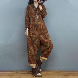 Polo Neck Printed Folk Jumpsuits Cotton Linen Loose Coveralls