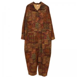 Polo Neck Printed Folk Jumpsuits Cotton Linen Loose Coveralls