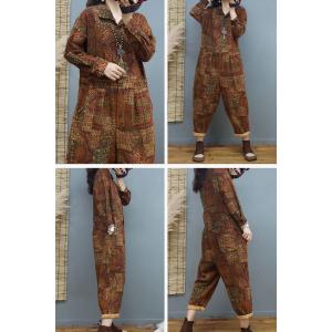 Polo Neck Printed Folk Jumpsuits Cotton Linen Loose Coveralls