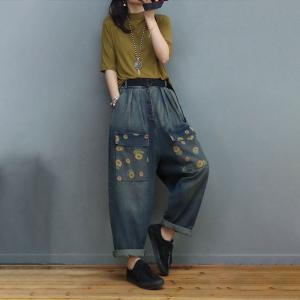 Printed Flap Pockets Dad Jeans Womens Baggy Stone Wash Jeans