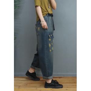 Printed Flap Pockets Dad Jeans Womens Baggy Stone Wash Jeans