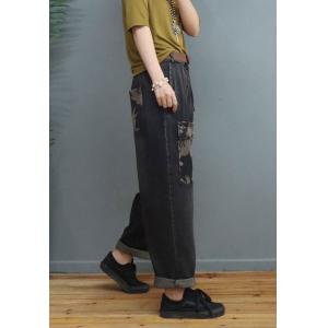 Printed Flap Pockets Dad Jeans Womens Baggy Stone Wash Jeans
