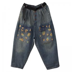 Printed Flap Pockets Dad Jeans Womens Baggy Stone Wash Jeans