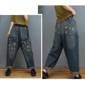 Printed Flap Pockets Dad Jeans Womens Baggy Stone Wash Jeans
