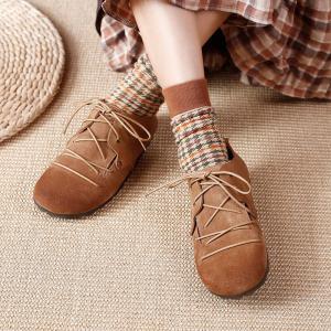 Round Toe Cowhide Leather Flats Comfy Lace Up Shoes
