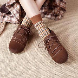 Round Toe Cowhide Leather Flats Comfy Lace Up Shoes