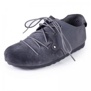 Round Toe Cowhide Leather Flats Comfy Lace Up Shoes