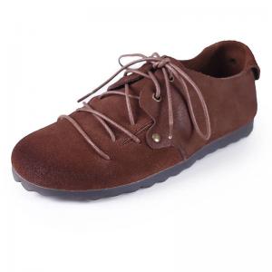 Round Toe Cowhide Leather Flats Comfy Lace Up Shoes