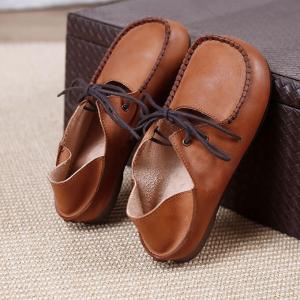 Hollow Out Cowhide Slip-On Tied Comfy Granny Shoes