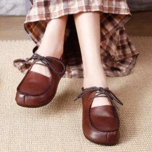 Hollow Out Cowhide Slip-On Tied Comfy Granny Shoes