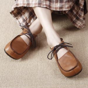 Hollow Out Cowhide Slip-On Tied Comfy Granny Shoes