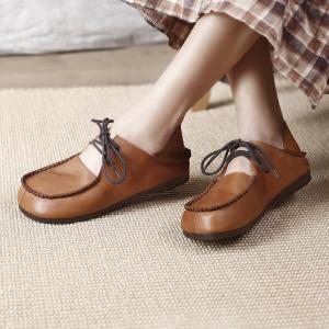 Hollow Out Cowhide Slip-On Tied Comfy Granny Shoes