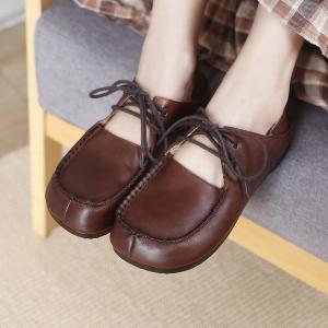 Hollow Out Cowhide Slip-On Tied Comfy Granny Shoes